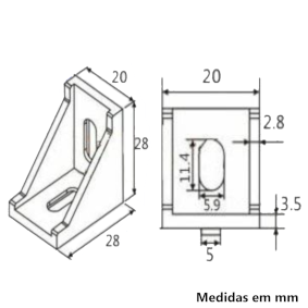 Desenho Técnico - Cantoneira para Perfil de Alumínio 20x20