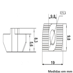 Desenho Técnico Porca Martelo Canal 10 -11 para Perfil Base 45