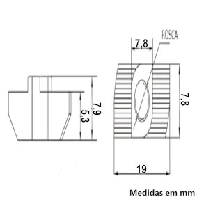 Desenho Técnico Porca Martelo Canal 8- para Perfil Base 40 e 50